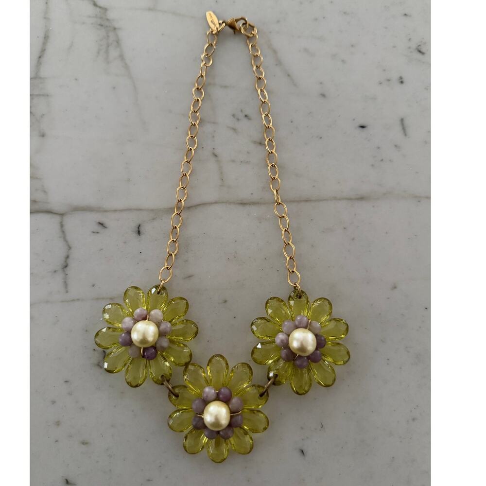 Lenora Dame Floral Statement Necklace Yellow Lucite Flowers Pearl Maximalist